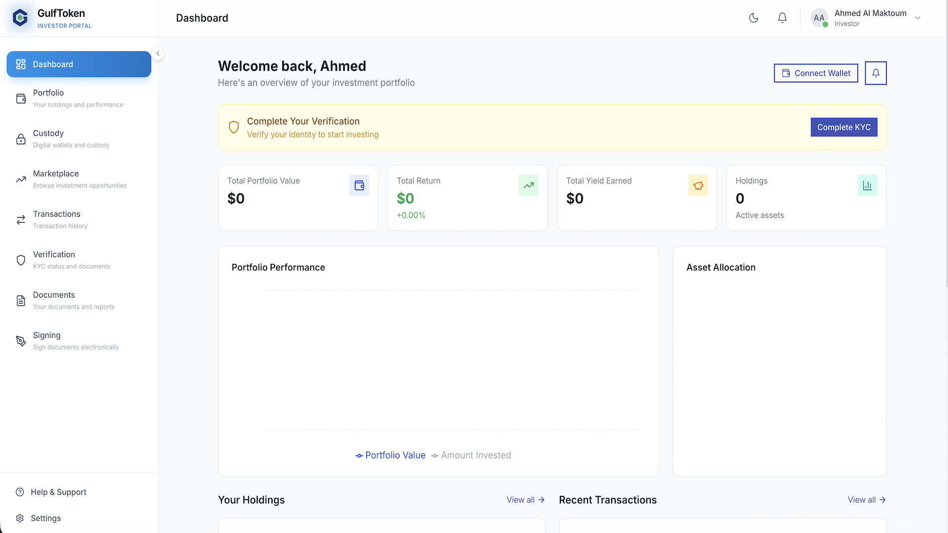 Investor Portal Dashboard - Portfolio value, asset allocation, holdings list, recent activity
